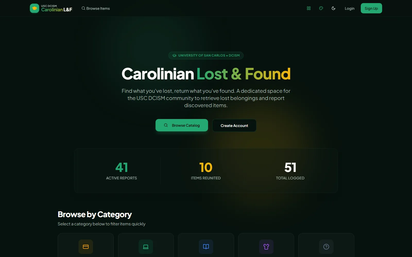 Screenshot of the Carolinian Lost & Found home page