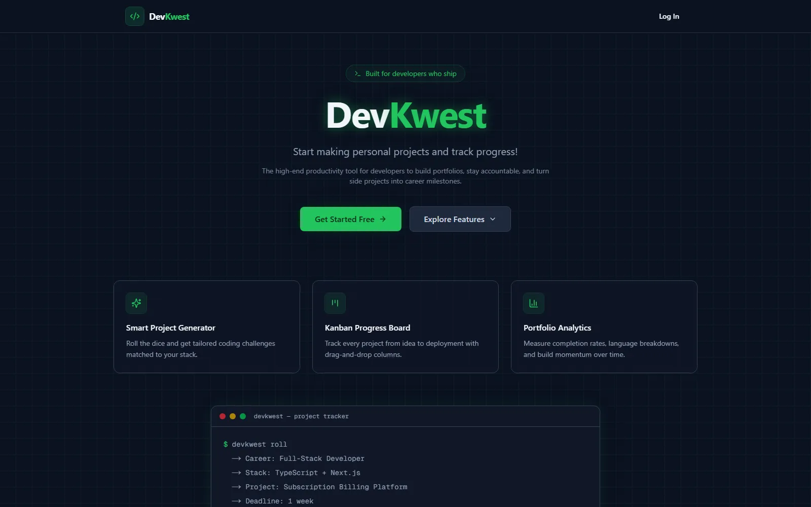 Screenshot of the DevKwest home page